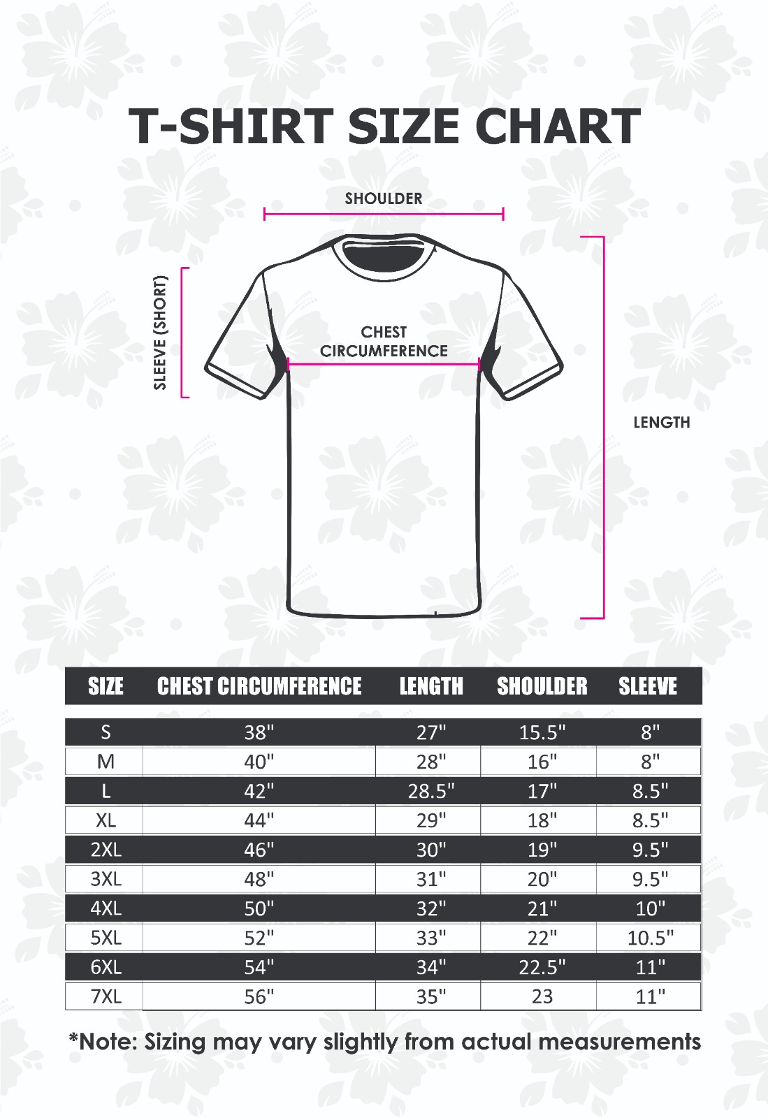 Size chart for ANSARA Merdeka Run 2026 T-Shirt